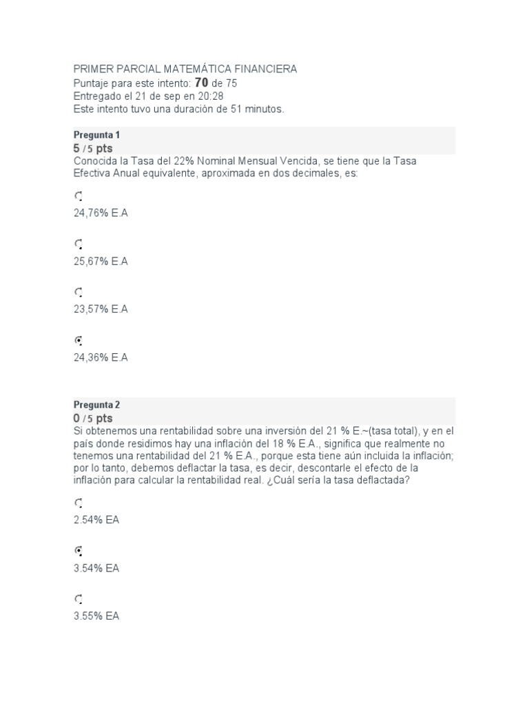 Examen Parcial Matemática Financiera | PDF | Interés | Tasas de interés