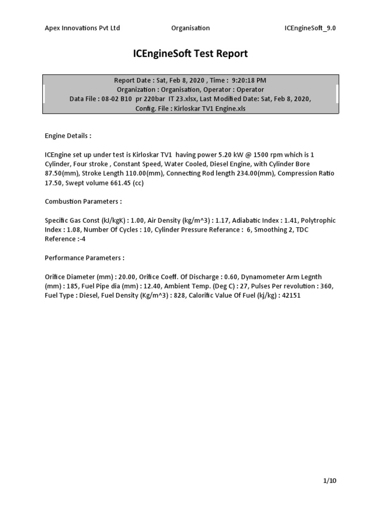 Kirloskar TV1 Engine Test Report | PDF | Diesel Engine | Engines