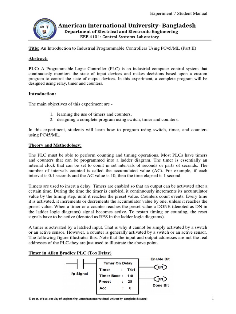 Control Exp 7 Student Manual | PDF | Timer | Programmable Logic Controller