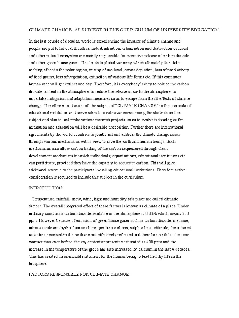 Climate Change-As Subject in The Curriculum of University Education ...