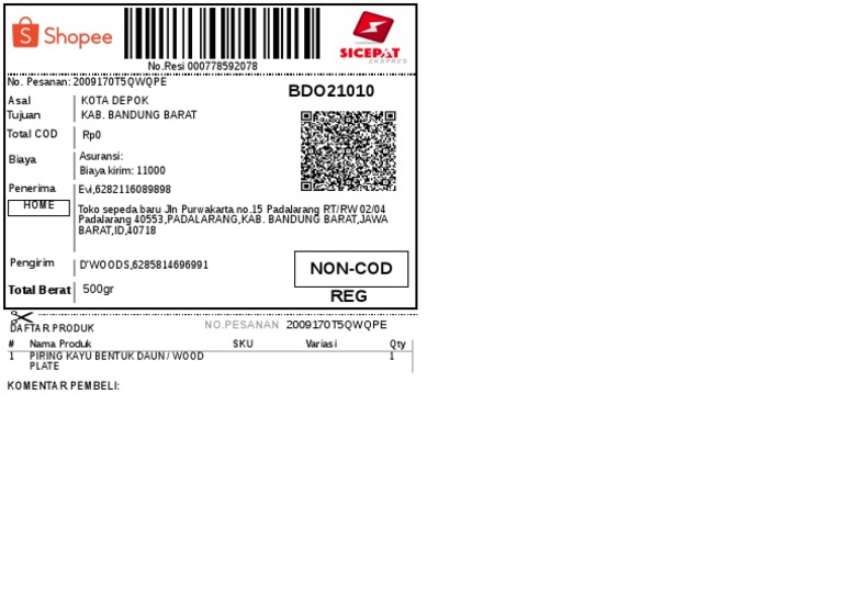 Contoh Resi Pengiriman Non-COD | PDF