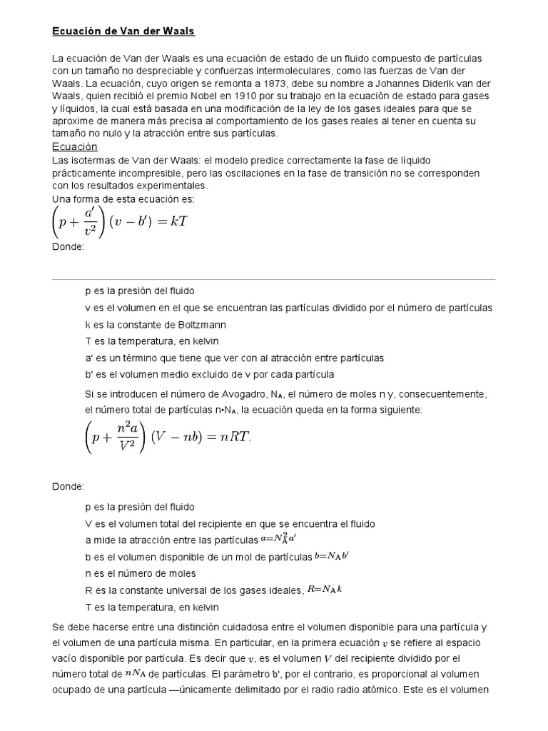 Ecuación de Van der Waals: Fundamentos y Derivación | PDF | Gases ...