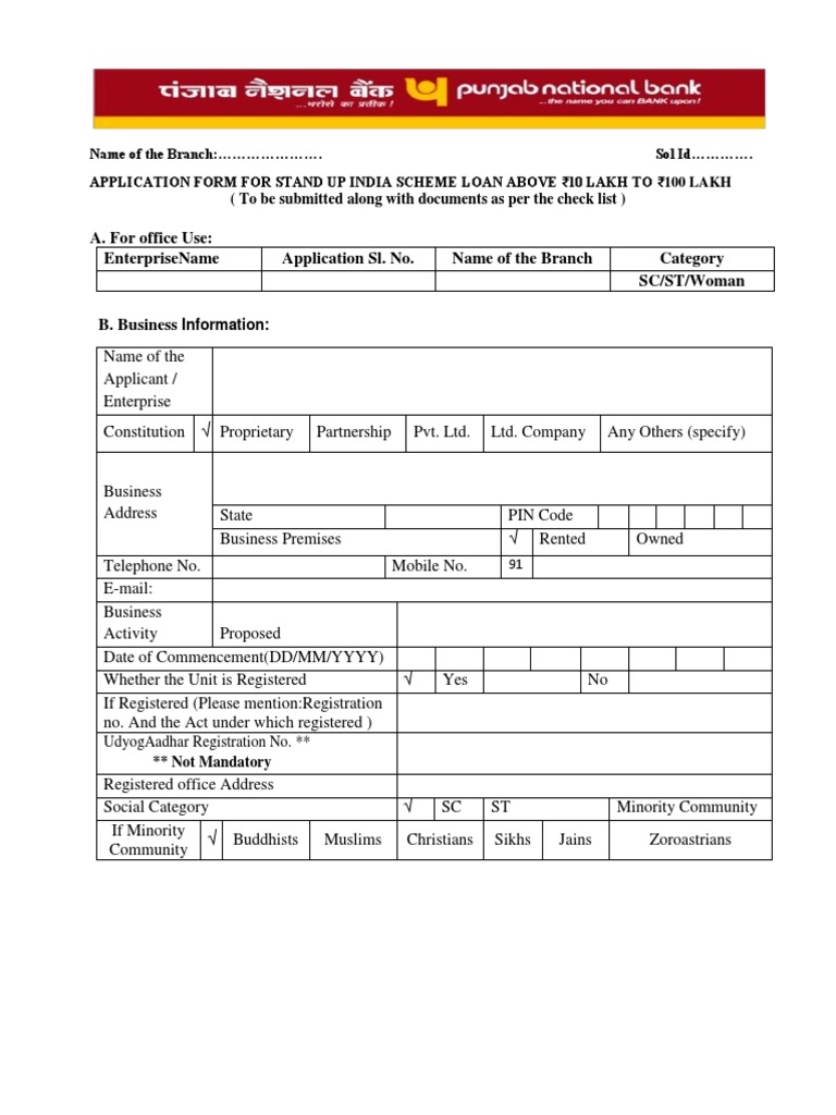 Stand Up India Application Form PDF Download Free PDF Credit