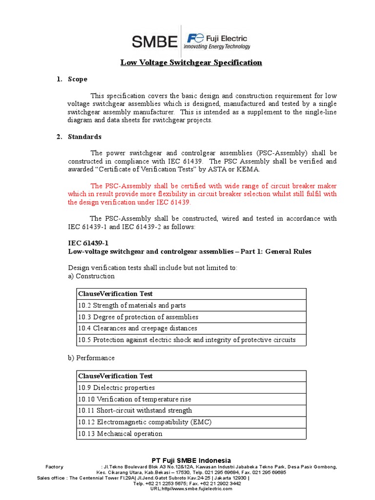 Low Voltage Switchgear Specification: 1. Scope | PDF | Door | Corrosion