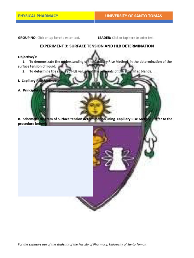 Experiment 3 Surface Tension and HLB Determination Physical Pharmacy