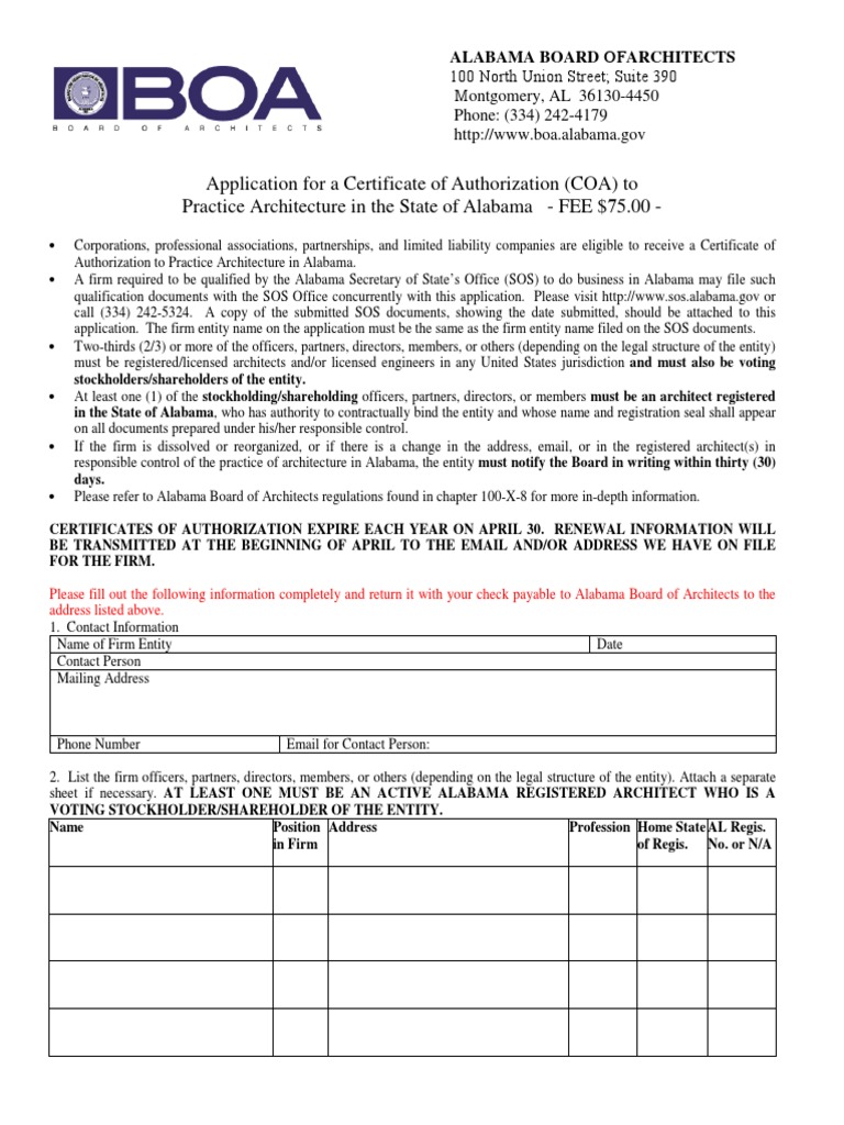 Application For A Certificate of Authorization (COA) To Practice