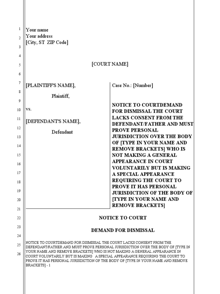 Special Appearance Demand For Dismissal Court Lacks Personal