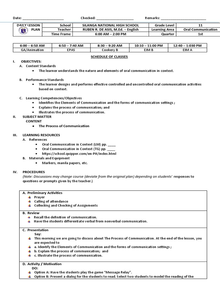 Daily Lesson Plan: Oral Communication | PDF | Communication | Learning