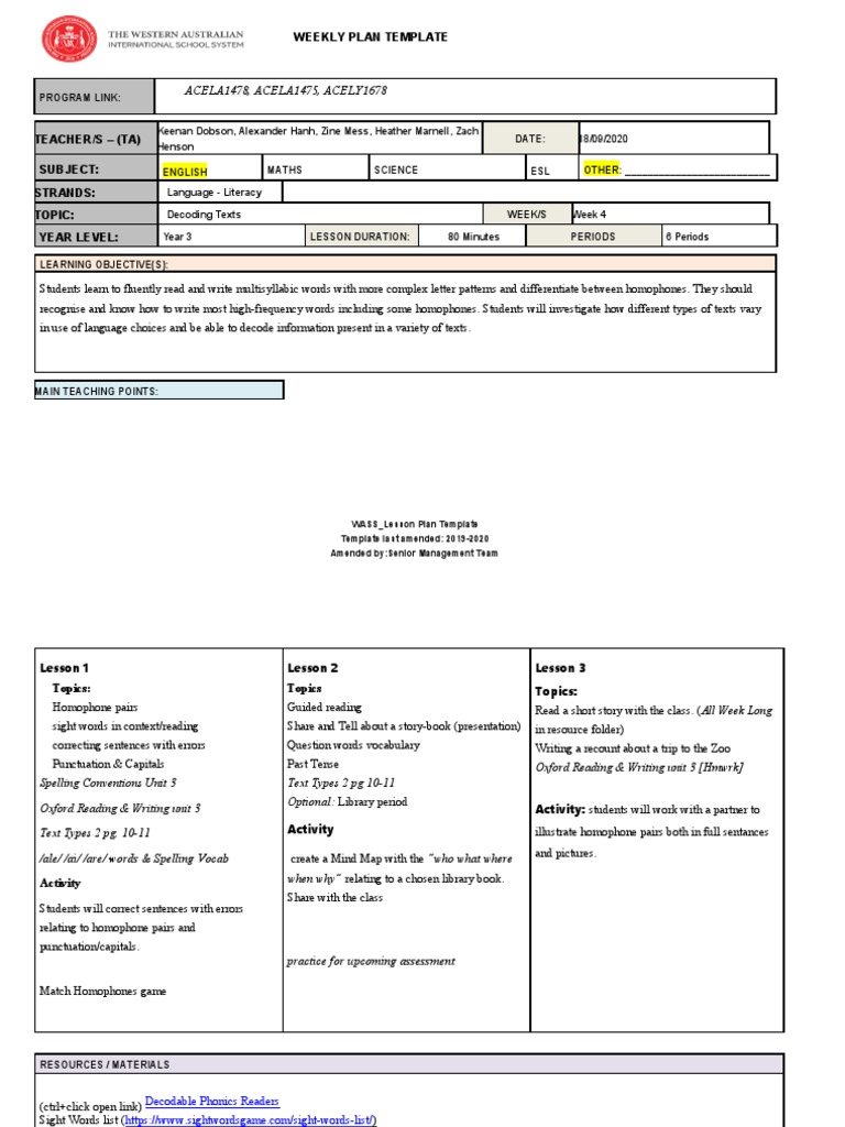 WASS LESSON+PLAN+English+Week+4+edit+2020 | PDF | Books | English Language