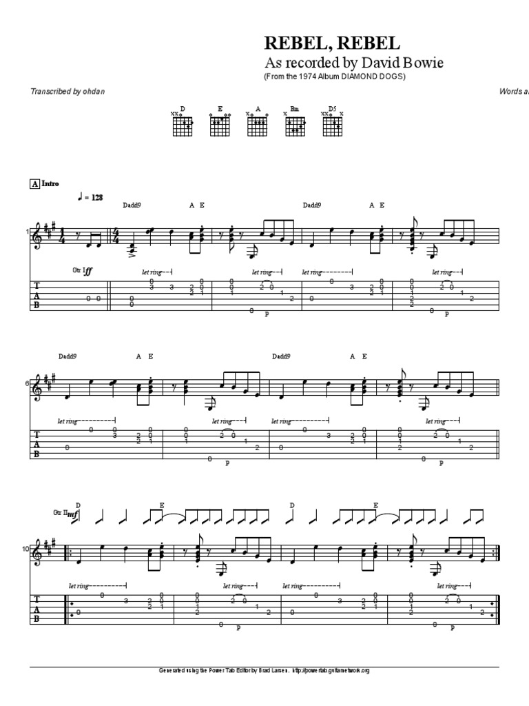 Rebel Rebel Guitar Tabs and Lyrics | PDF | Song Recordings Produced ...
