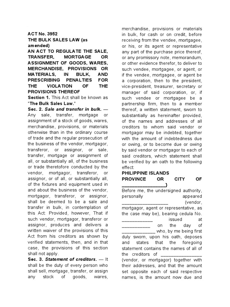 Bulk Sales Law Summary PDF Mortgage Law Assignment (Law)