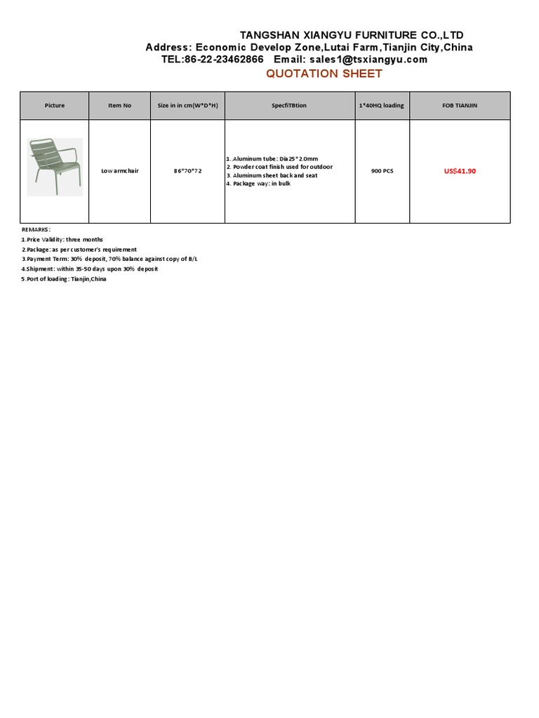 Tangshan Xiangyu Furniture Quotation | PDF