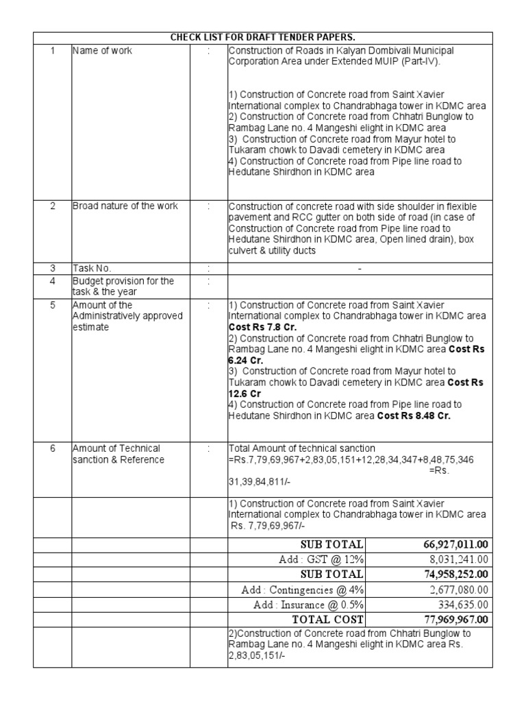 Check List For Draft Tender Papers.: Cost Rs 7.8 Cr. 6.24 Cr. 12.6 CR ...