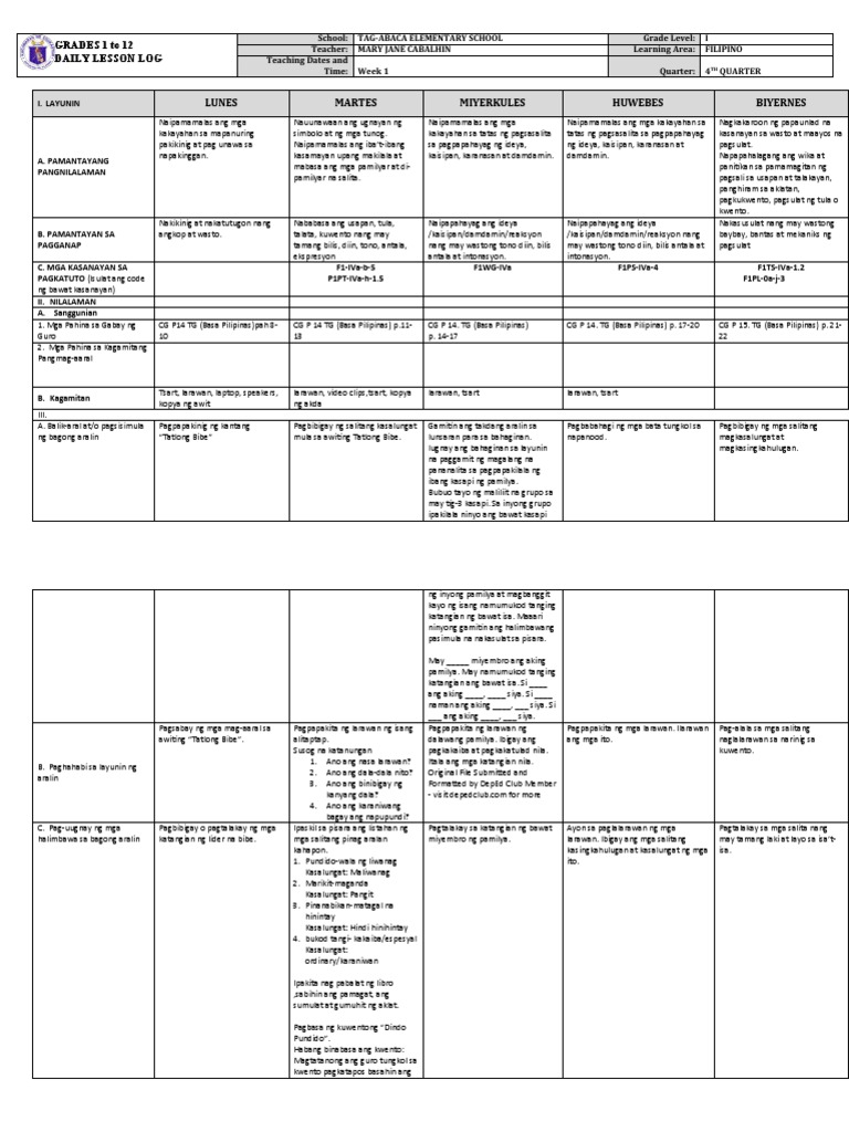 Grade 1 DLL FILIPINO Q4 Week 1 | PDF