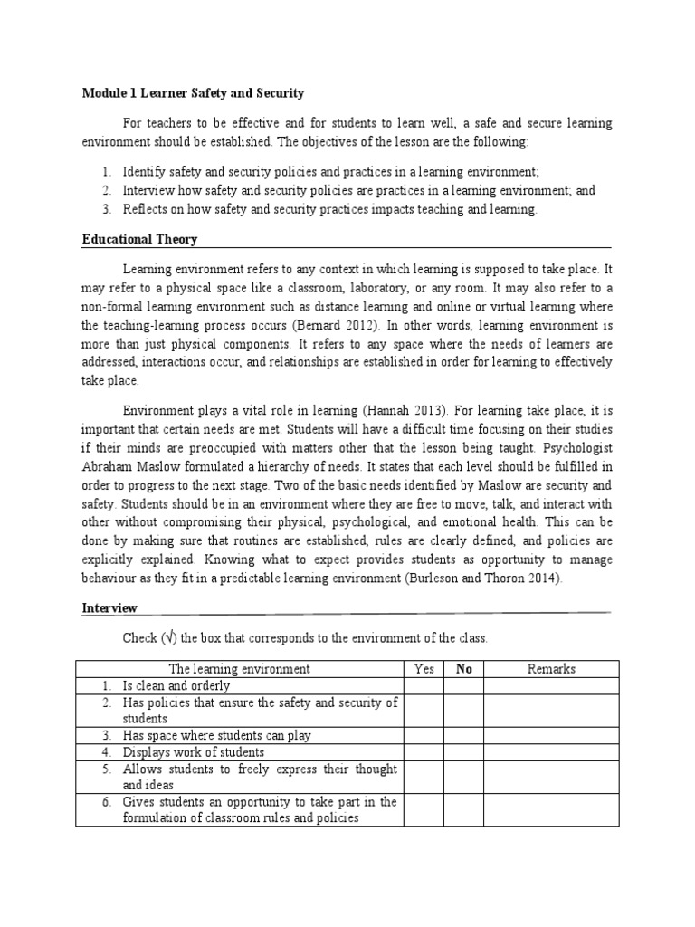 Module 1 Learner Safety and Security PDF Learning Teaching