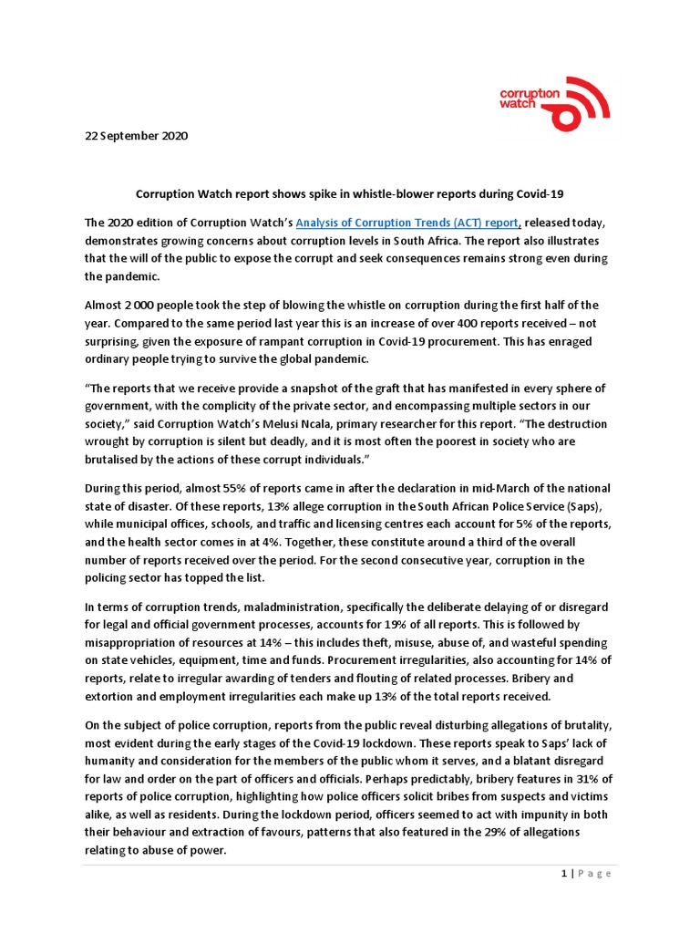 2020ACT Report-Media Statement-Final-22Sept2020 PDF | PDF | Corruption ...