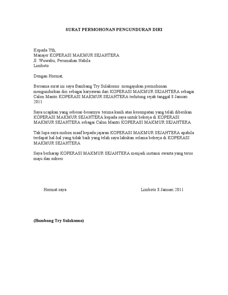 Surat Permohonan Pengunduran Diri