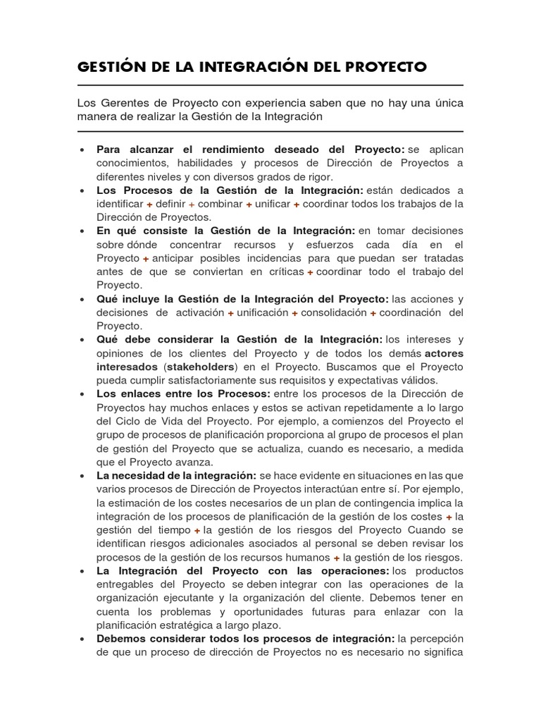 Gestión de la Integración del Proyecto | PDF | Planificación ...