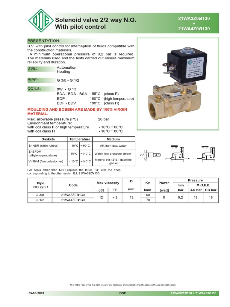 Ode Solenoid Valve 21wa3z0b130 21wa4z0b130 PDF Pipe (Fluid
