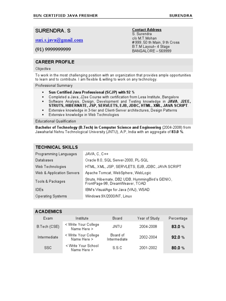 Resume Surendra Java Fresher | PDF | Java Server Pages | Java ...