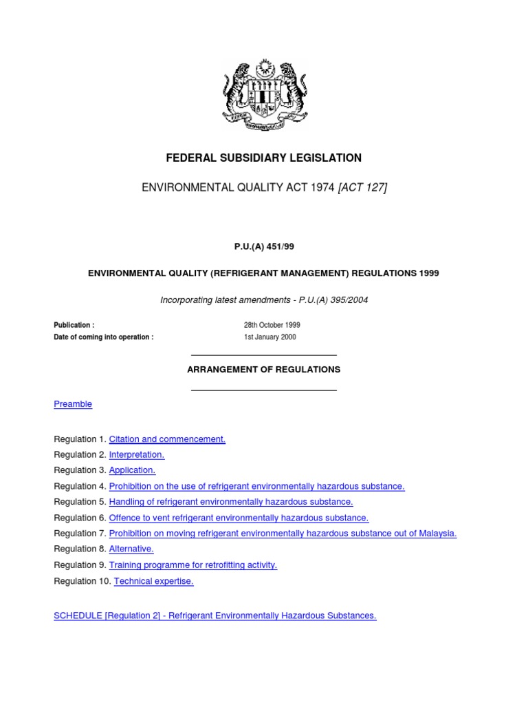 Environmental Quality (Refrigerant Management) Regulations 1999 P.U