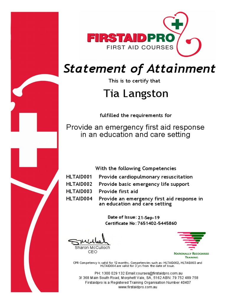 First Aid Certification Statement | PDF