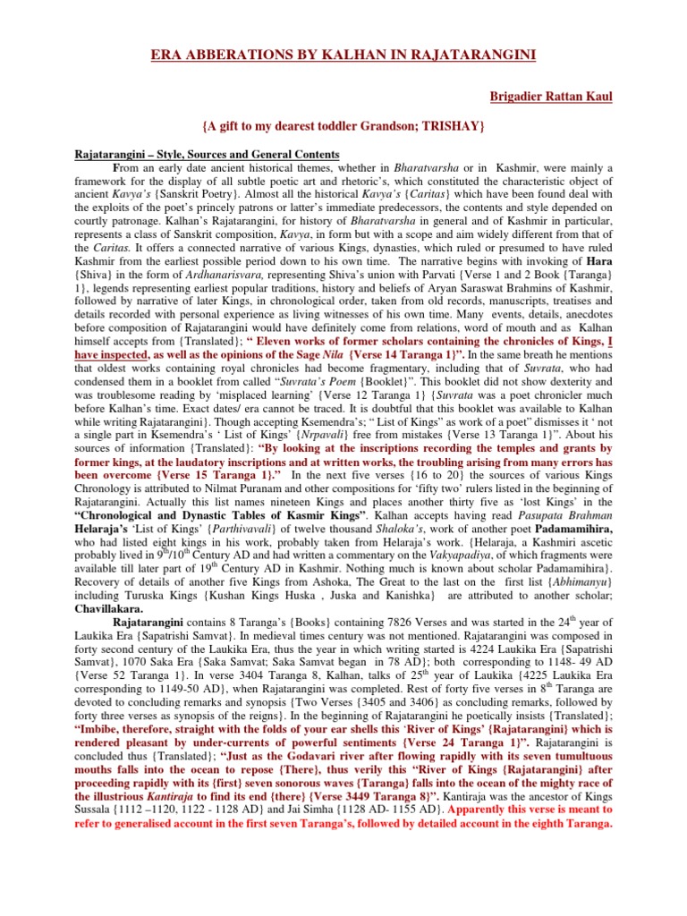 Kalhan's Rajatarangini Overview | PDF | Mahabharata | Hindu Mythology