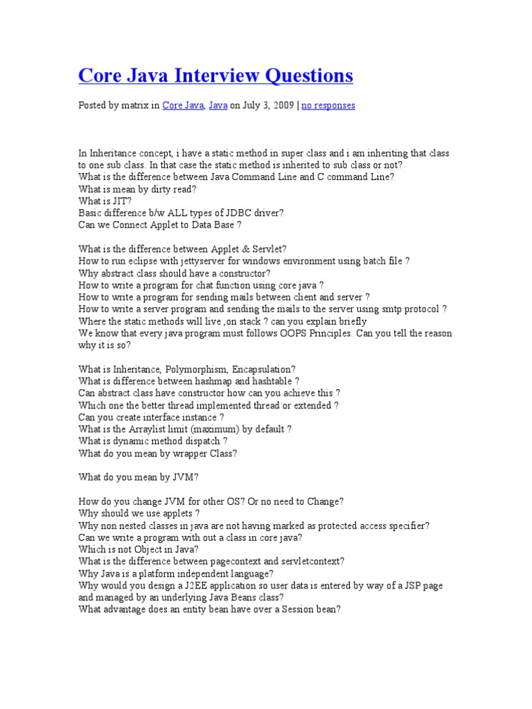 Core Java Interview Questions | PDF | Class (Computer Programming ...