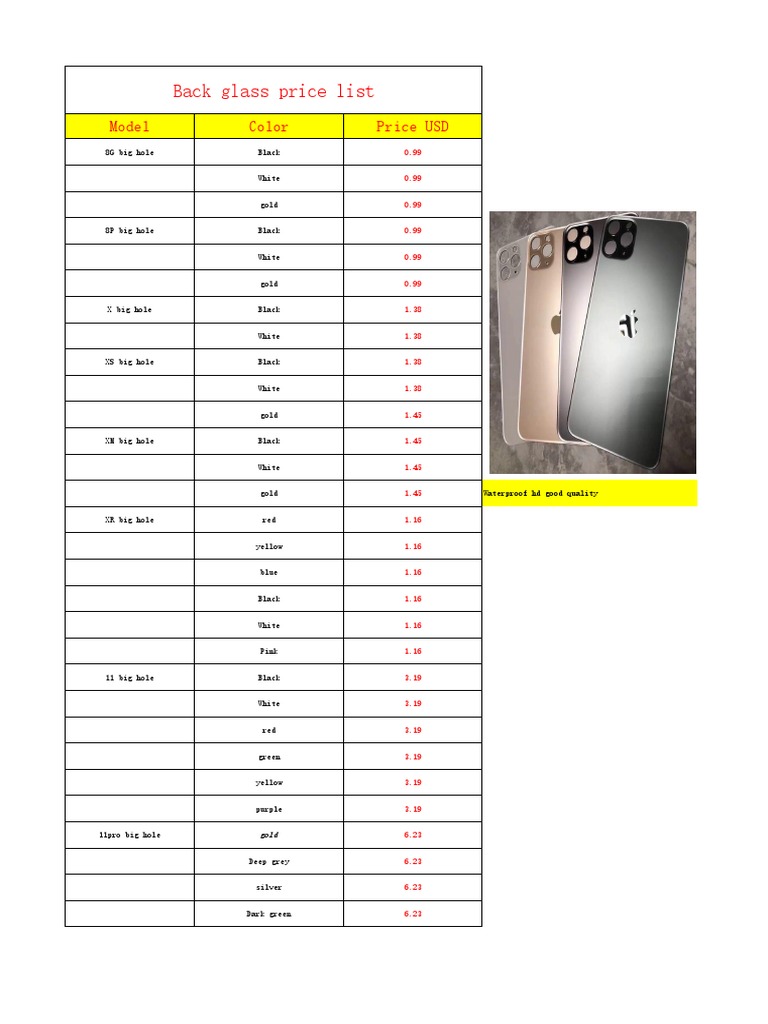 Back Glass Price List PDF PDF
