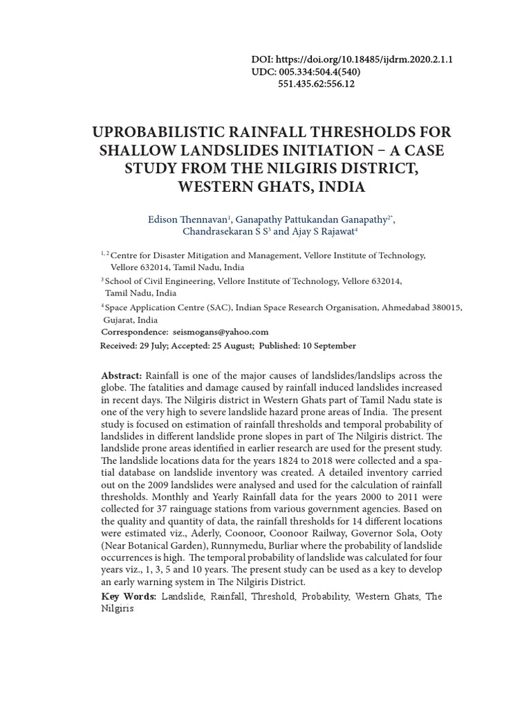 Probabilistic Rainfall Thresholds For Shallow Landslides Initiation - A ...
