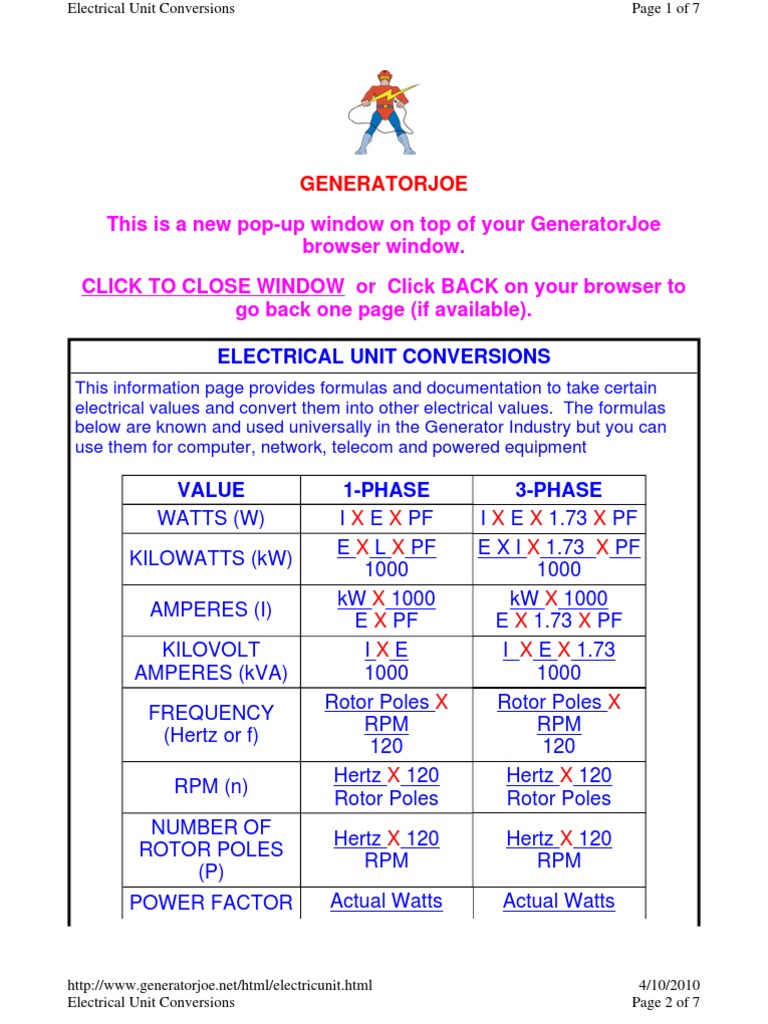 Conversion Chart For Electricity