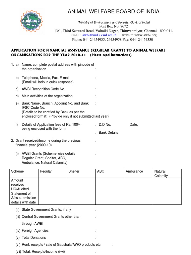 Application Form for Regular Grant from Animal Welfare Board