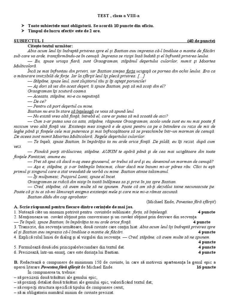 Transcrie Din Textul Povestea Fara Sfarsit 3 - Genul - Epic - Test cl.8 | PDF
