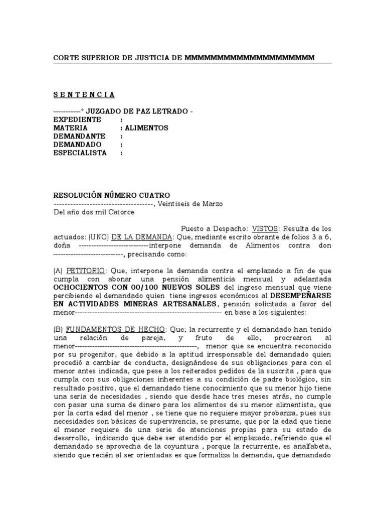 Modelo Sentencia de Alimentos | PDF | Pensión alimenticia | Demanda
