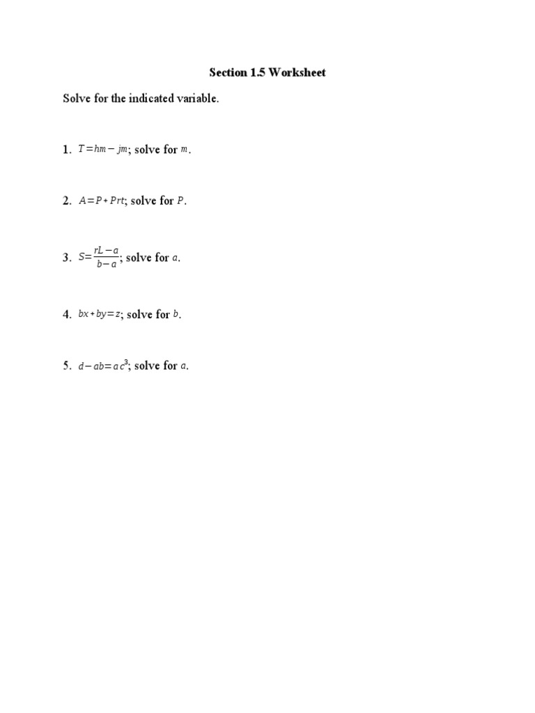 Solve for Indicated Variables Worksheet | PDF | Teaching Methods ...