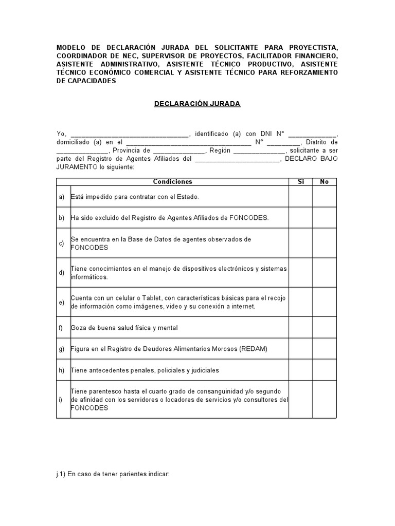 Declaración Jurada para Registro FONCODES | PDF | Parentesco | Familia