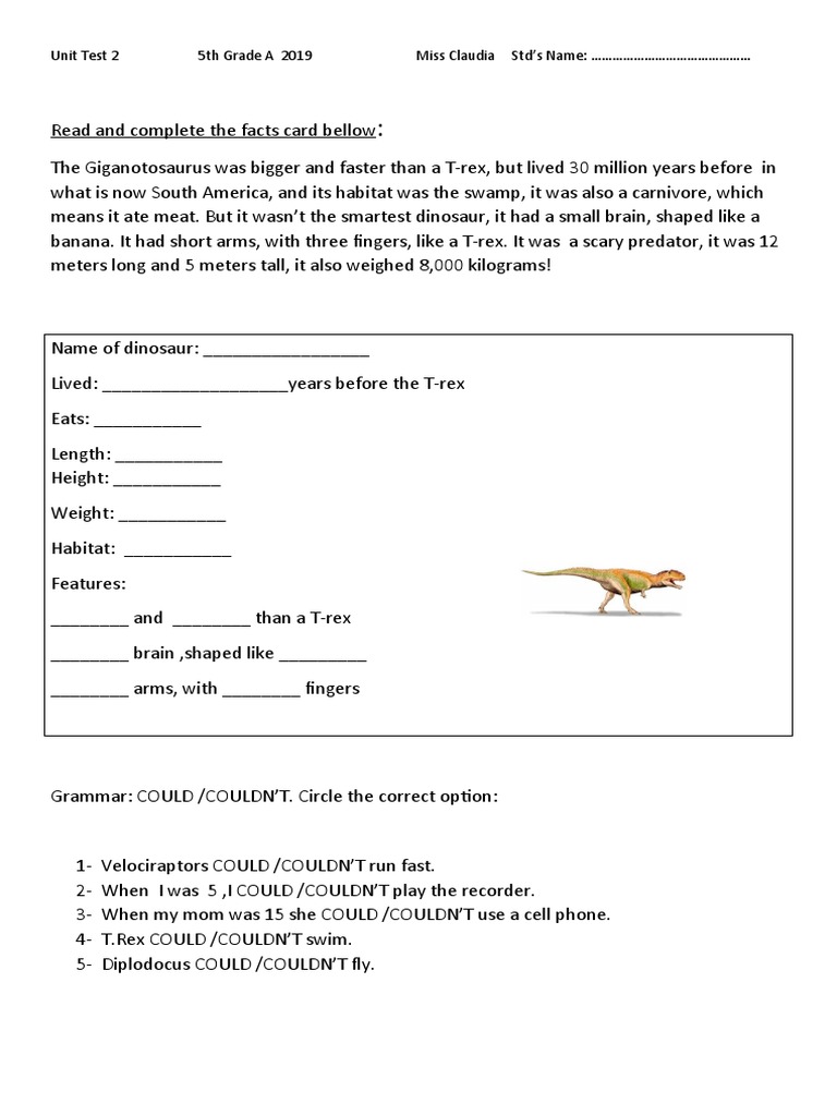 5th Grade Unit Test on Dinosaurs and Grammar | PDF | Language Arts ...