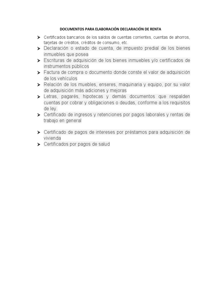 Documentos para Declaración de Renta | PDF