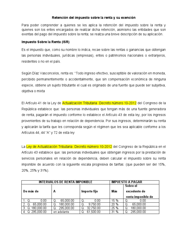 Retención del ISR y Renta Imponible | PDF | Impuesto sobre la renta ...