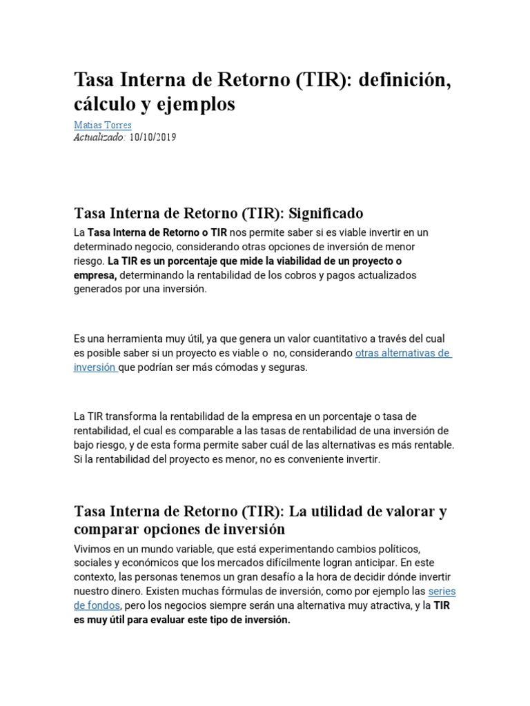 Definición y Cálculo de la TIR | PDF | Tasa interna de retorno | Valor ...