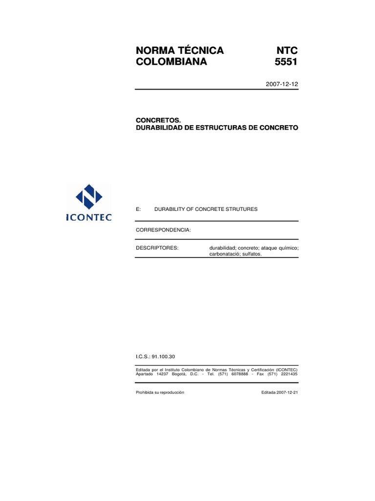 Durabilidad del Concreto según NTC 5551 | PDF | Hormigón | Cemento