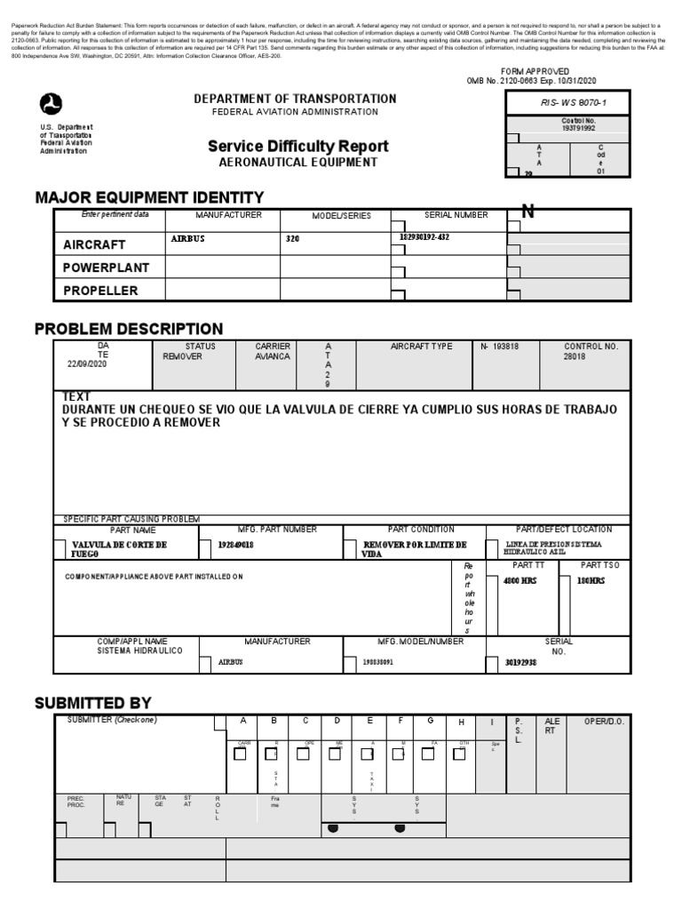 FAA Form 8070-1 Service Difficulty Report | PDF | Federal Aviation ...