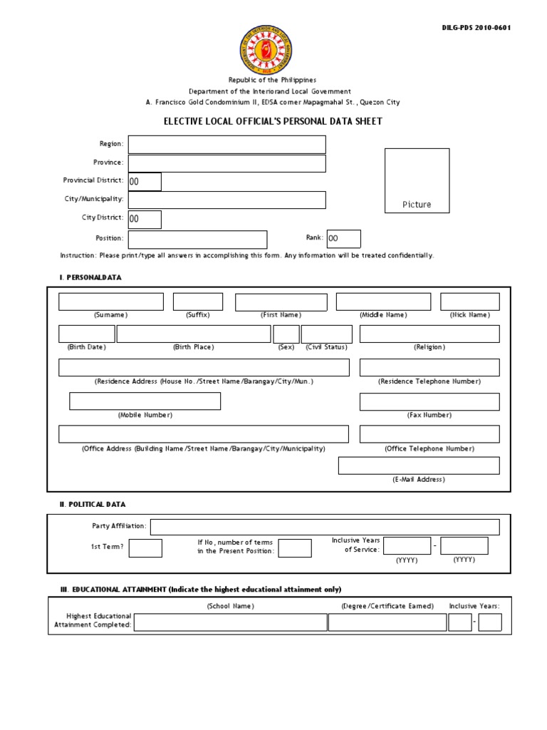 Elective Local Official'S Personal Data Sheet DILGPDS 20100601 PDF