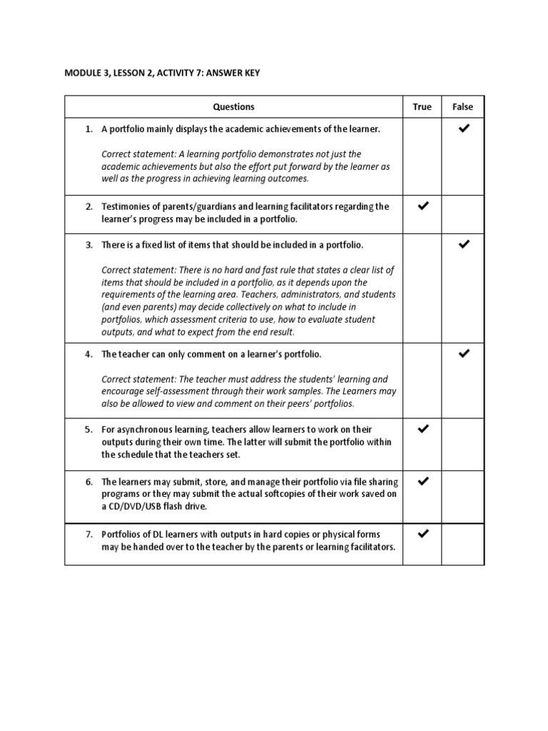 Module 3, Lesson 2, Activity 7: Answer Key | PDF | Career & Growth