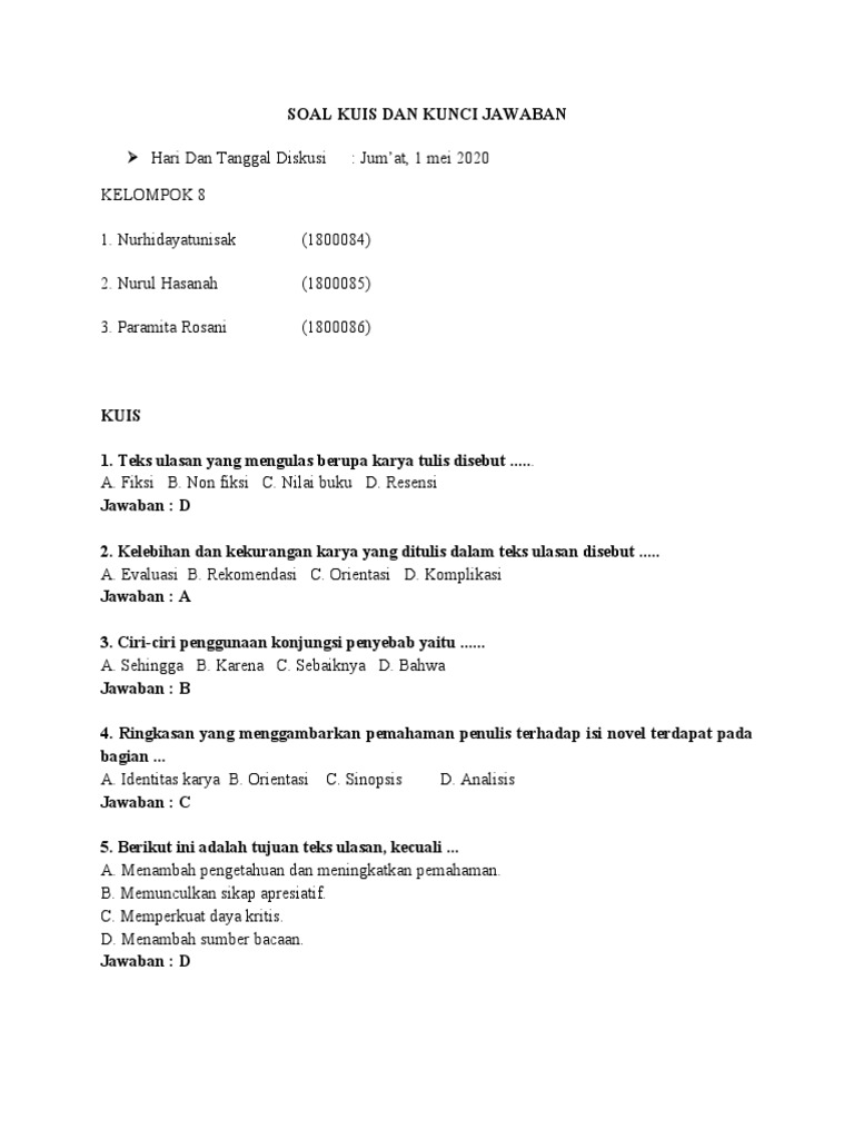 Soal Kuis Dan Kunci Jawaban Bahasa Indonesia Kelompok 8 Pdf