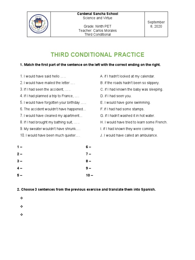 Third Conditional Practice: Cardenal Sancha School | PDF