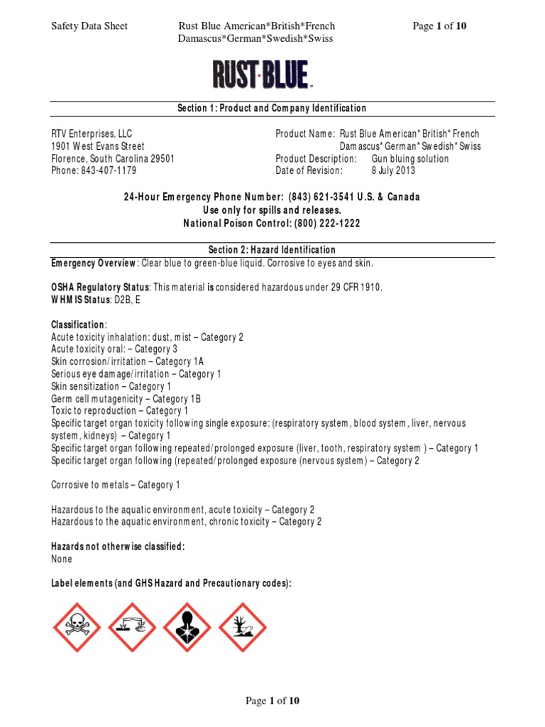 Rust Blue Gun Bluing Safety Data Sheet | PDF | Toxicity | Waste Management