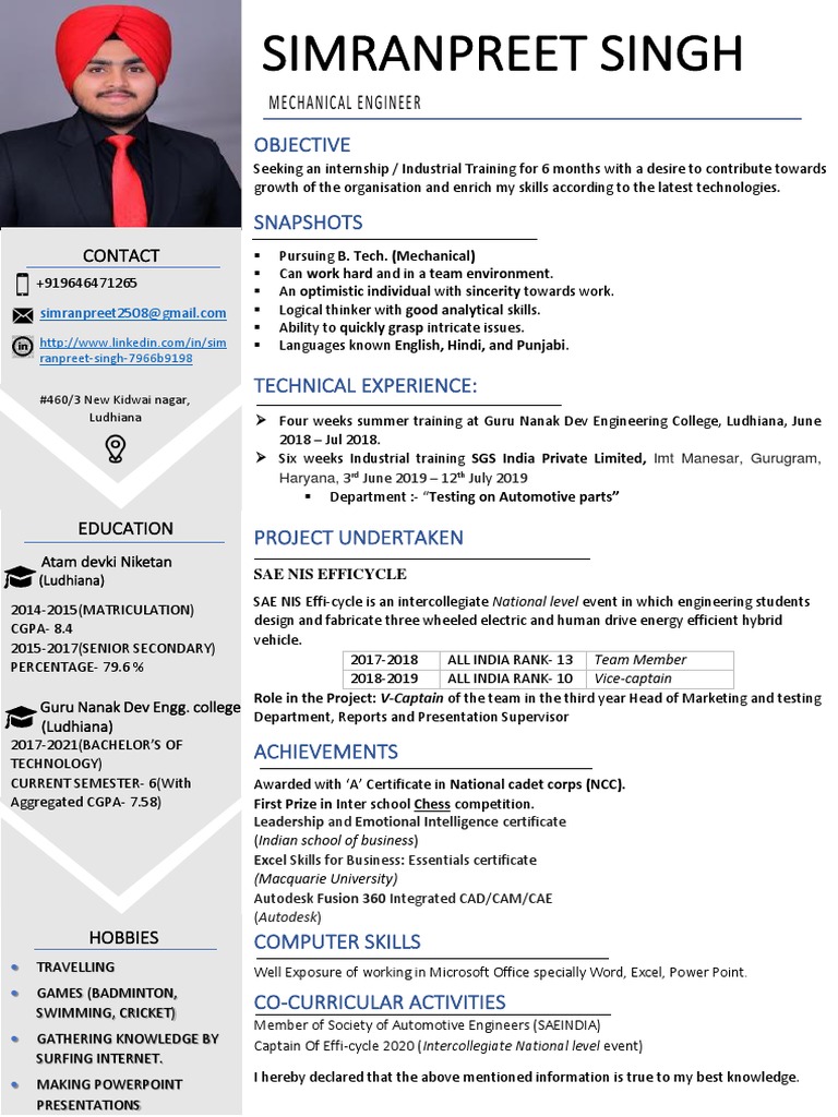 Mechanical Engineering Intern Profile | PDF | Manufacturing And ...