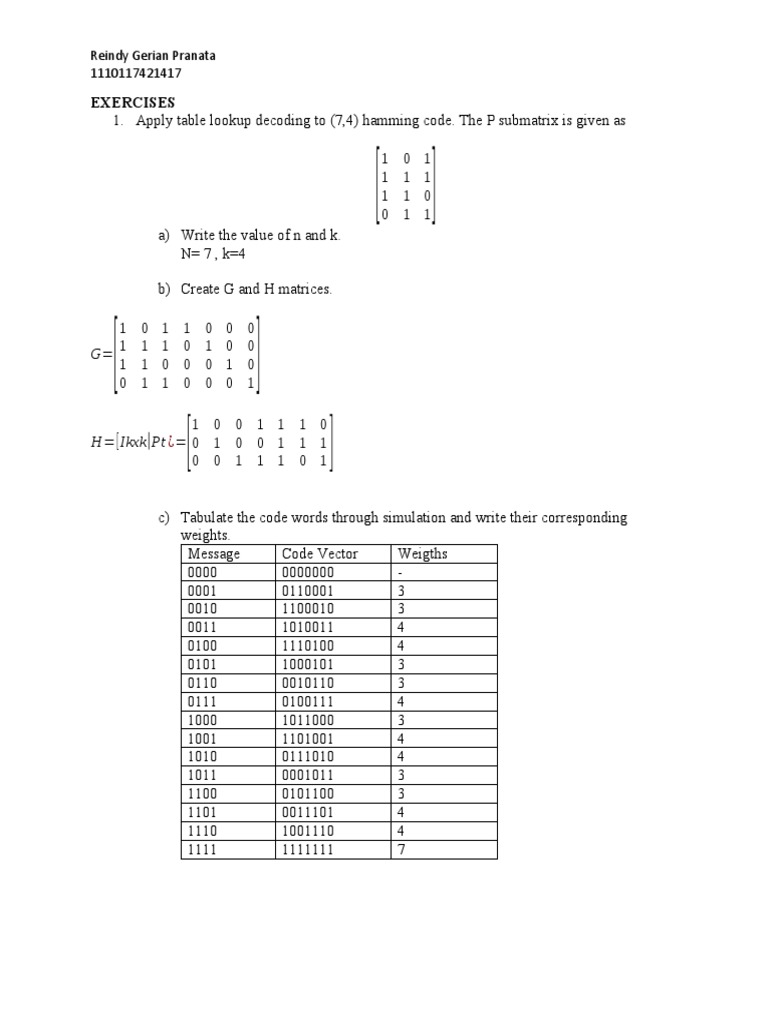 Hamming Code Exercises and MATLAB Code | PDF | Mathematical Analysis ...