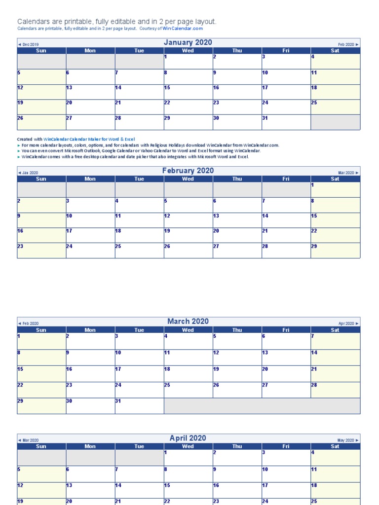January 2020: Calendars Are Printable, Fully Editable and in 2 Per Page ...